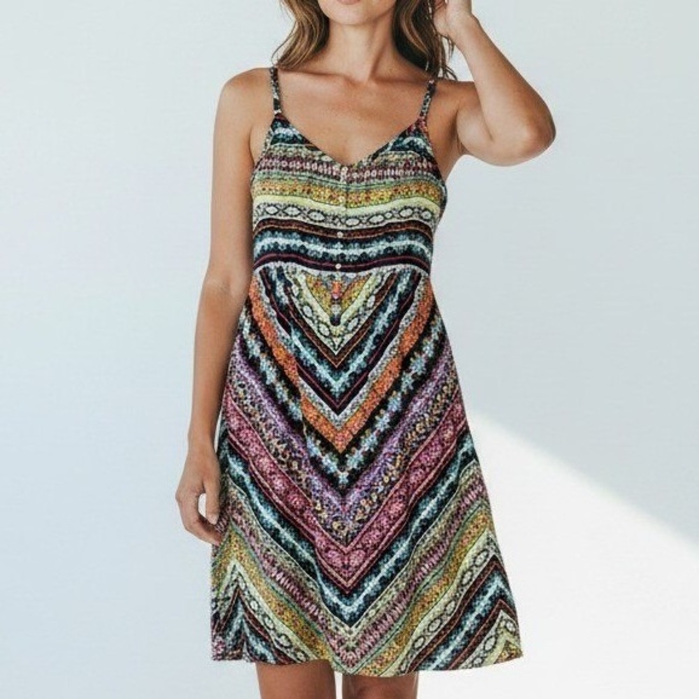 Roper Women Sun Dress M Multi Color Geometric Chevron Boho Festival Southwestern